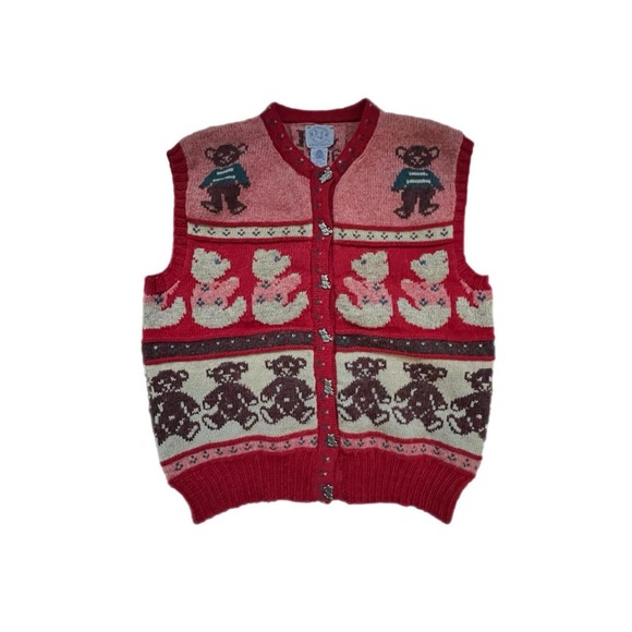 Blueberry Woolens Sweaters - Blueberry Woolens Cardigan Vest Red Teddy Bear Knit Wool Vintage Medium